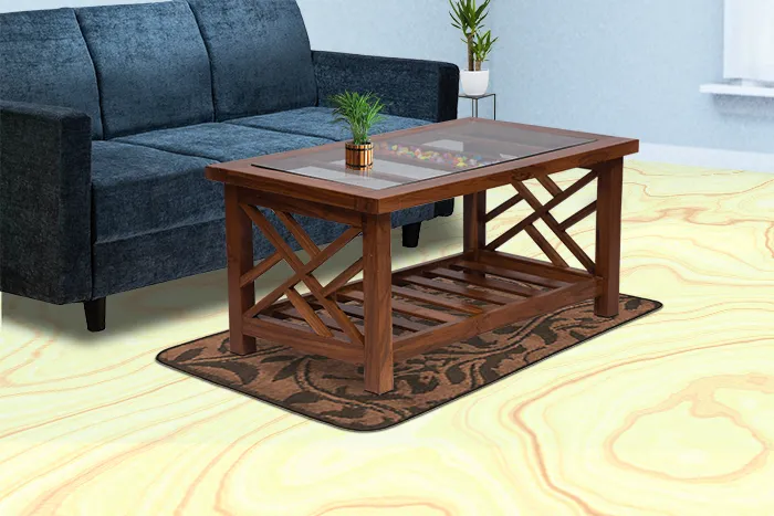 VIVDeal Glass Teak Center Table Glass Top 2